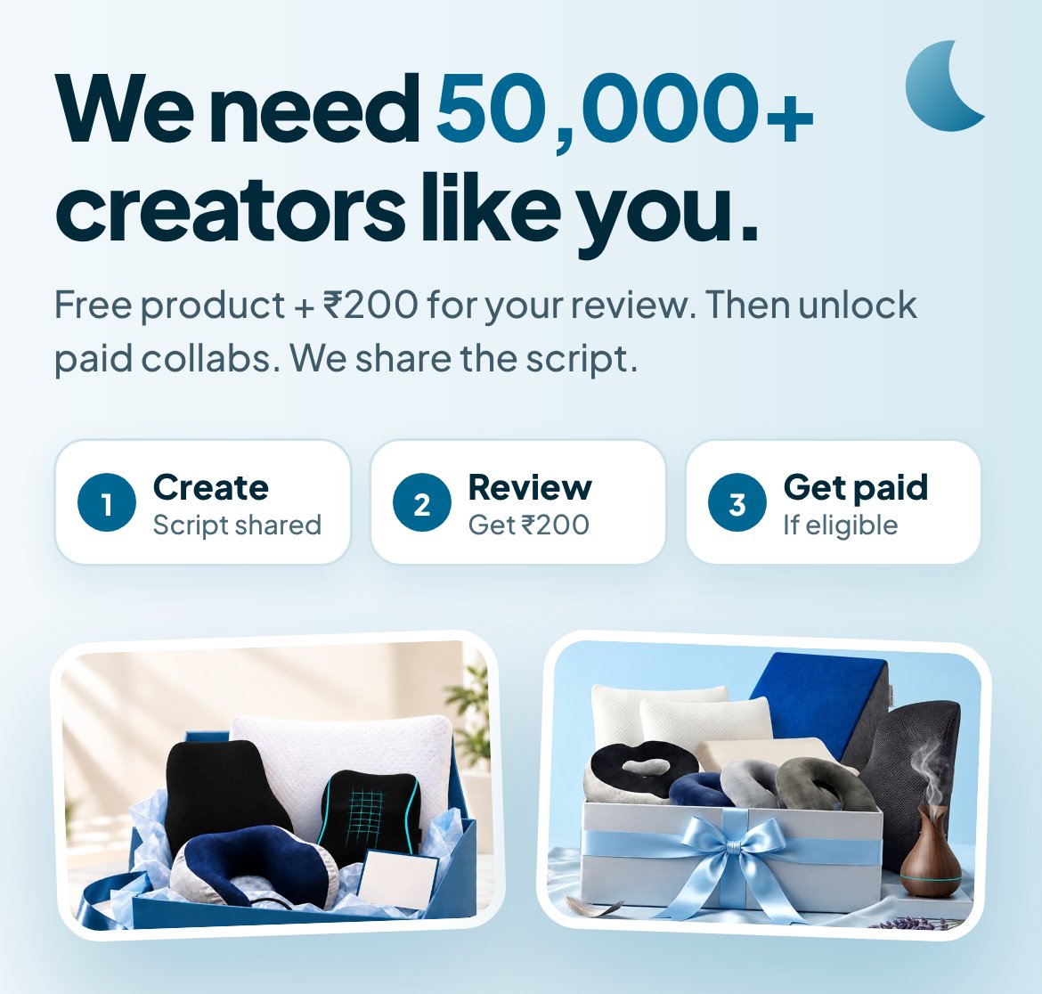 We need 50,000+ creators like you. Create, review, get paid. Free Sleepsia product plus ₹200 for your review, then paid collabs for eligible creators.